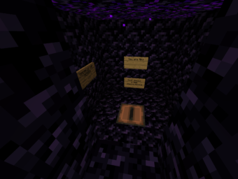 A screenshot from Ranboo's stream. It's a small box completely made out of obsidian. A jukebox sits embedded into the floor. There are a few oak signs on the walls, but it's too pixelated to read.