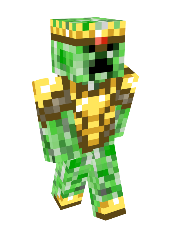 Sam's skin. He is dressed as a green creeper with a golden chestplate and a golden crown on his head. The crown contains a single red gem on the center of his forehead.