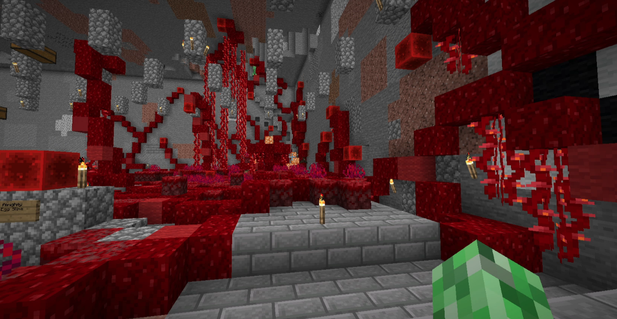A screenshot from Sam's stream. He's in the underground stone cavern underneath Bad's house, looking at the egg. It's made from blocks found in the crimson forest biome in the nether and looks to be about twice the height of the players. Various red tendrils snake across the floor and up the walls that are made out of more crimson forest blocks, redstone, red concrete powder, and other various red blocks. Shroomlights are also interspersed among the red blocks. Red vines from the crimson forest drape along some of the vines on the walls.