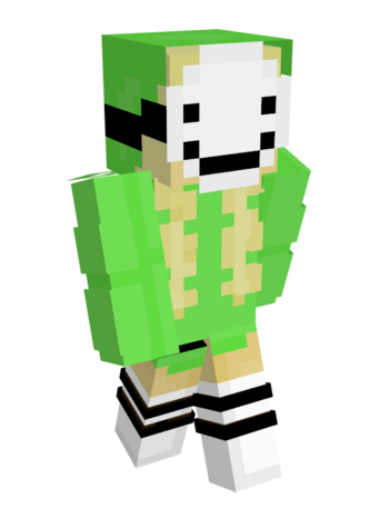 Mamacita's skin. This is an e-girl version of Dream. She wears an oversized green hoodie and tall thigh-high striped socks. She wears Dream's white mask around her face with her hood pulled up. Her long blonde hair is pulled out from the hood.