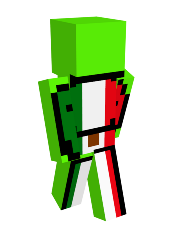 Mexican Dream's skin. This is a recolor of Dream's skin with Dream's white blob repainted in dark green and red vertical stripes akin to the Mexican flag. A brown rectangle sits underneath Dream's mouth.