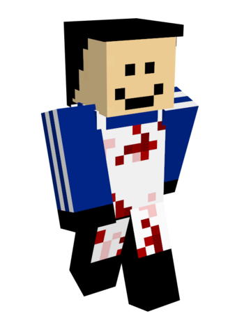 This is Quackity's Butcher Army skin. His outfit remains the same, but now he wears a white apron over his blue tracksuit. It's stained with different splotches of red.