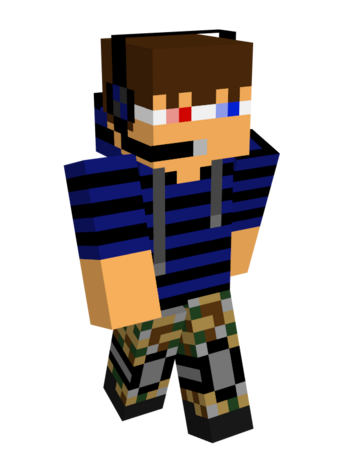 Jack Manifold's skin. He has light skin, buzzed brown hair, and brown eyes. He wears 3D glasses, the ones with a red lense and a blue lense, and a gamer headset with a microphone. He wears a blue and black striped short-sleeved hoodie over camo cargo pants. He also wears simple black shoes.