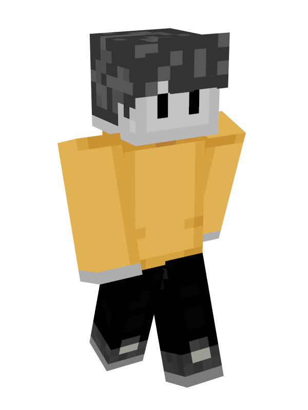 This is Ghostbur's minecraft skin. It's a recolor of Wilbur's skin. Ghostbur's skin is a pale grey, and his hair is a dark grey like ash. He wears a bright yellow sweater and black pants with grey sneakers.