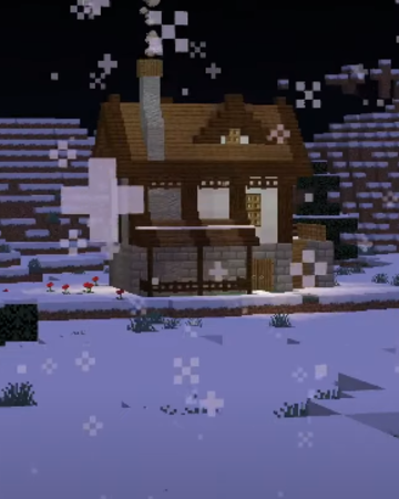 Techno's arctic house. It's a screenshot from Techno's stream showing a simple stone, concrete, and wood cottage in the middle of a snowy field during a minecraft blizzard.