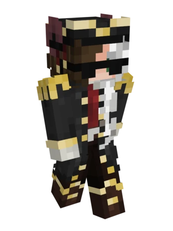 Puffy's casual minecraft skin. She has light skin, and green eyes hidden behind black sunglasses. Her hair is long and split down the middle, the left is white while the right half is brown. She wears a black naval outfit reminiscent of british uniforms in the 1770s. It has gold trimmings and buttons. She wears a red undershirt, a black and gold tricorn hat, and brown and gold boots.