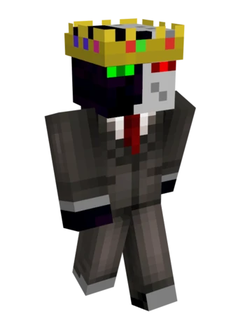 Ranboo's minecraft skin. His body is split in half. The right half of his body is black like an enderman. He has a green eye like the old endermen models. The left half of his body is white with two grey dots around his mouth. He has a red eye modeled in the same shape as his green eye. He has no hair. He wears a crown reminiscent of Eret's and Technoblade's, but it contains different colors of gemstones. He wears a grey suit with a red tie and white undershirt as well as black converse.
