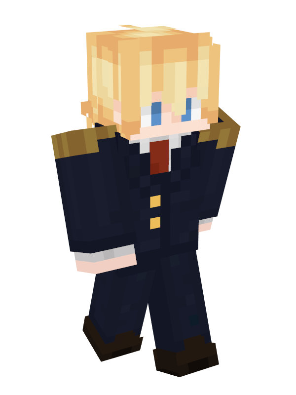 Tubbo's presidential skin. He wears a navy blue suit with a red tie. There is gold trimmings on his shoulders and golden buttons on the jacket. He also wears black shoes.