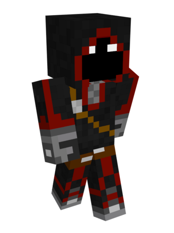 Bad's minecraft skin. He is humanoid, but no skin shows. He wears a red and black fantasy rogue-like outfit. His hood is pulled up, only showing the dark black shadow. His eyes contrast greatly as they are bright white. The top is black and outlined in red. A brown strip crosses from his right shoulder to his left hip. A dark grey and light grey checkered pattern sits above his collarbone. He wears black pants with the same red outlines as his top and red and grey sneakers. He also wears grey gloves.