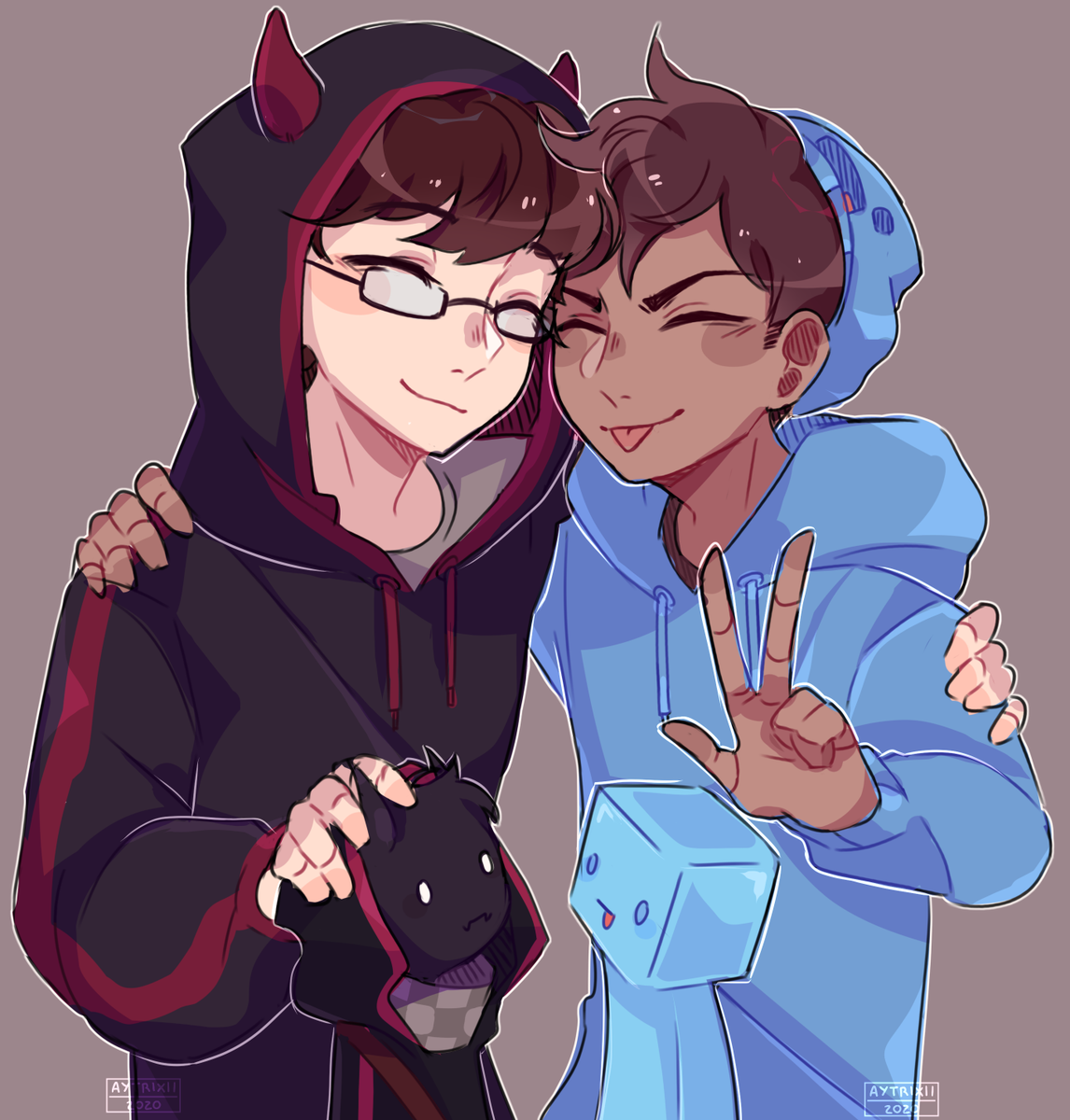 This is a drawing of Bad and Skeppy together as humans. They are both dressed in their minecraft skins' clothes. They each have one arm wrapped around the other's shoulder, and their faces are somewhat touching. Bad has light skin, brown hair, and is wearing glasses. He has red devil horns poking through his black and red hood. He's wearing a grey t-shirt under his black and red hoodie. His eyes are closed and he is smiling contently. Skeppy has tanned skin, brown hair, and is sticking his tongue out. He's wearing a light blue beanie with his minecraft skin's face on it. He wears a brown t-shirt under his light blue hoodie. The arm that is not around Bad is holding up a peace sign. His eyes are closed and he is smiling while also sticking out his tongue. Both Bad's and Skeppy's Minecraft skins have been drawn below in a cute style reminiscent of how Dream's blob is interpreted. They are quite small compared to the people above them, and they looked confused at each other. The hand that Bad doesn't have wrapped around Skeppy is placed on Bad's Minecraft skin's head.