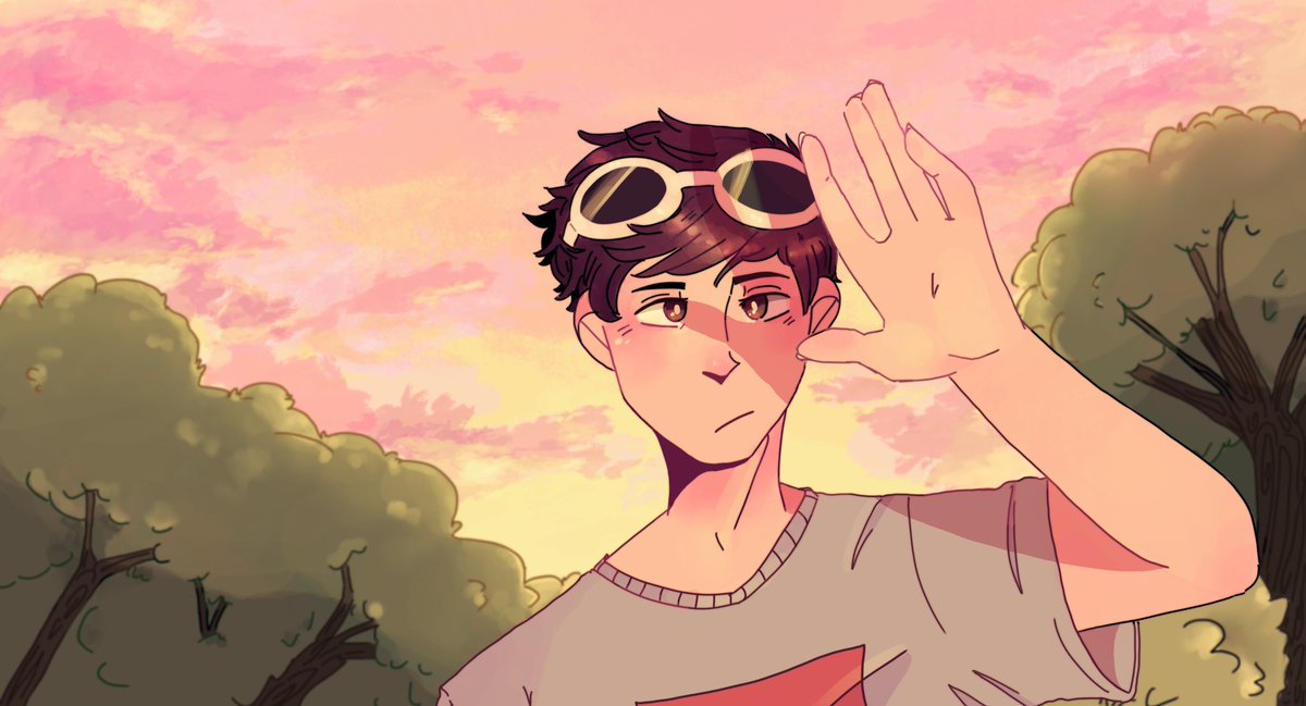 This is a redrawing of one of Sad-ist's shots from her Warriors animatic. George is standing outside watching the sunset. His sunglasses sit on top of his head while he has a hand raised to block the sun from his eyes.