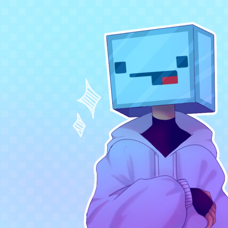 This is a drawing of Skeppy from the waist up. He wears his Minecraft skin's face as a box on his head and is looking to his right. Underneath, he wears a black turtleneck shirt and a very large light blue sweatshirt. His right armed is crossed in front of his body. He wears a black fingerless glove on that hand. His other hand is not visible. Skeppy has a thick white border around him and two sketches of diamonds (the shape) next to his head. The background is an intense light blue.