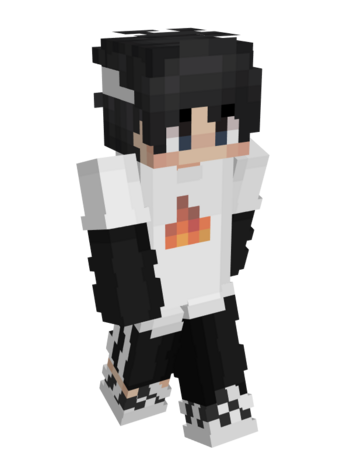 Sapnap's Minecraft skin. He has light skin, thick shaggy black hair with bangs that are pulled out over a white strip of fabric tied around his head, dark blue eyes, a white t-shirt with a flame in the center of the shirt pulled over a black long-sleeved undershirt, black track pants with white stripes running down the side seams, and white and black checkered sneakers.