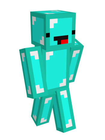 Skeppy's minecraft skin. His whole body is colored to look like the diamond block from Minecraft. Each of his limbs, his torso, and his head are sectioned off to look like they're each made from diamonds. He has very wide black eyes on the very edges of his face, and he wears a playful smile that shows his red tongue.