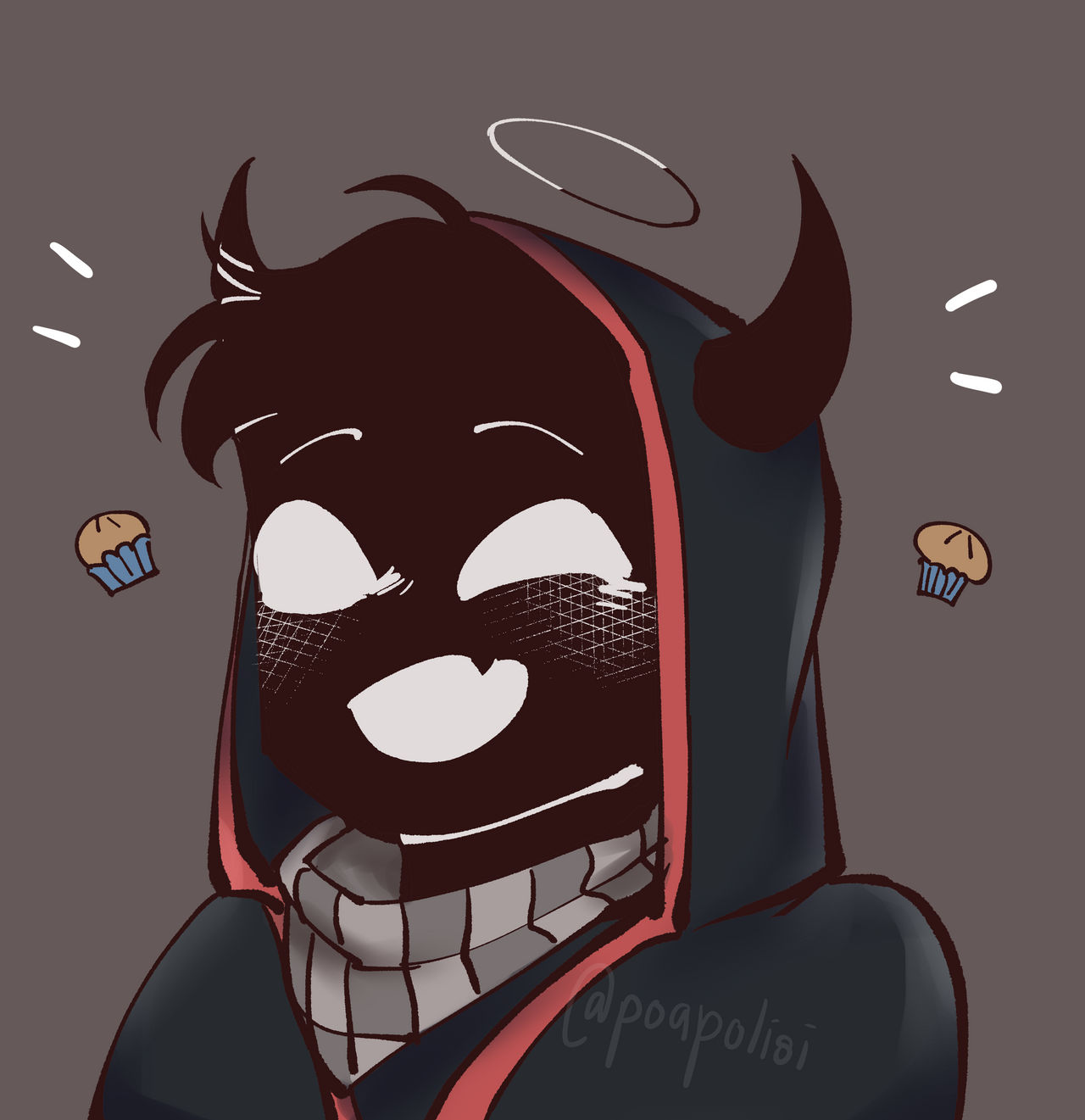 This is a drawing of Bad from the shoulders up. His skin is black and blends in with his fluffy hair that sticks out from his hood. He is smiling mid-sentence it looks like. His eyes and open mouth are white, and the outline of a single fang can be seen in his mouth. White blush is on his cheeks. Two devil horns poke out from the side of his head through the black hood outlined in red. The grey checkered fabric looks to be a scarf sitting around his neck. A thin black and white halo floats above his head. Two talking lines shoot out from Bad's head on either side while a cute muffin drawing sits under the lines. The drawing has a plain grey background.