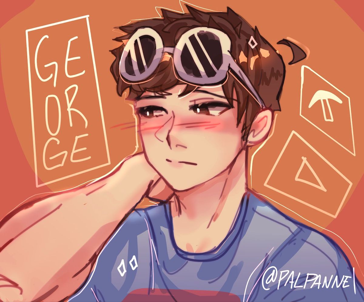 This is a drawing of George from the shoulders up. The background is bright orange and has George written in sharp lettering next to a simple white drawing of the youtube logo and a pickaxe. His sunglasses are perched on his forehead. He's rubbing the back of his neck while he blushes and looks down and to the left. He looks sad.