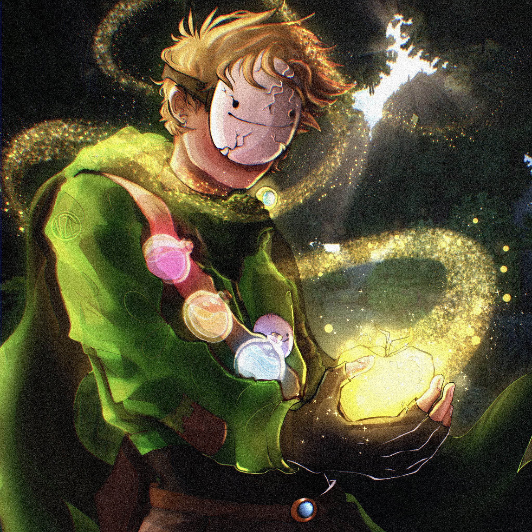 a drawing of Dream as a human holding various potion bottles. Dream's smiling white mask covers his whole face. He has ruffled blond hair. He looks down at his hand holding a golden apple. Glittery gold particles from the apple swirl around him and up into the trees above. He's wearing a rumpled green baggy shirt with a potion holder slung across his right shoulder to left hip. Pink, orange, and blue potions are in the potion holder's straps. The drawing cuts off right below Dream's navel, which has a belt with a glowing blue gem holding up hisb tan pants.