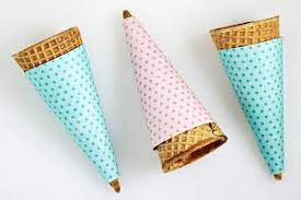 An image of three ice cream cones, each wrapped in fun polka-dotted paper.