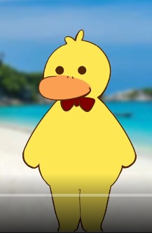 A screenshot from stream showing the Duck. He is a cartoonish yellow humanoid duck wearing a red bowtie and standing in front of a blurry stock photo of a tropical beach.