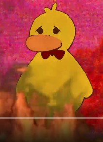 A screenshot from stream. The same Duck, but he is now sad and is standing in red and orange realistic fire.
