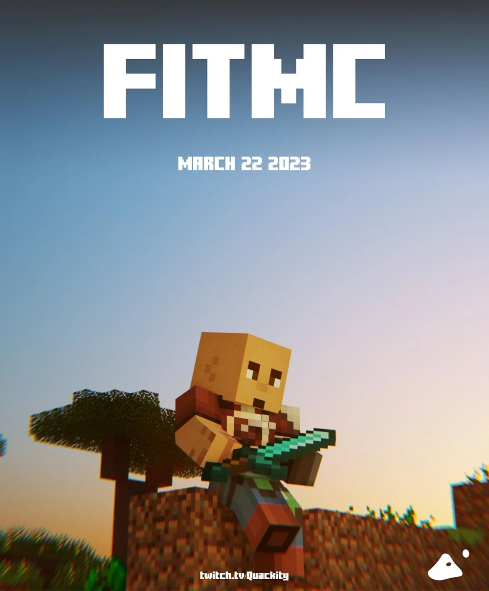 Official announcement poster for Fit. He sits on the ground with one knee pulled up, sharpening a diamond axe. The sun looks like it's just beginning to set in the background.
