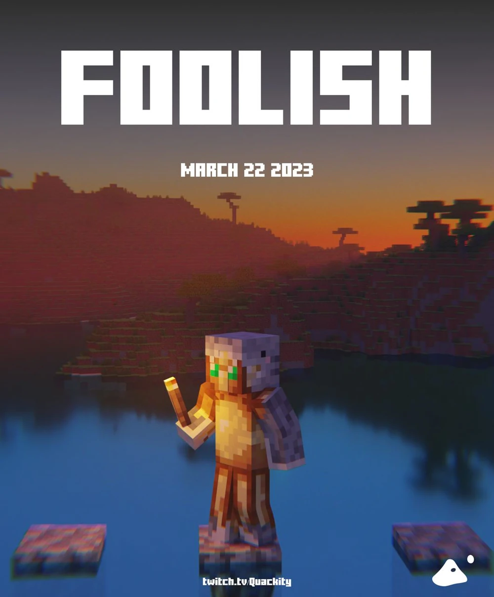 Official announcement poster for Foolish. He stands by himself in the middle of a lake, crossing on small rocks sticking out of the water. The sun has pretty much set, so Foolish holds a torch to see the next stone.