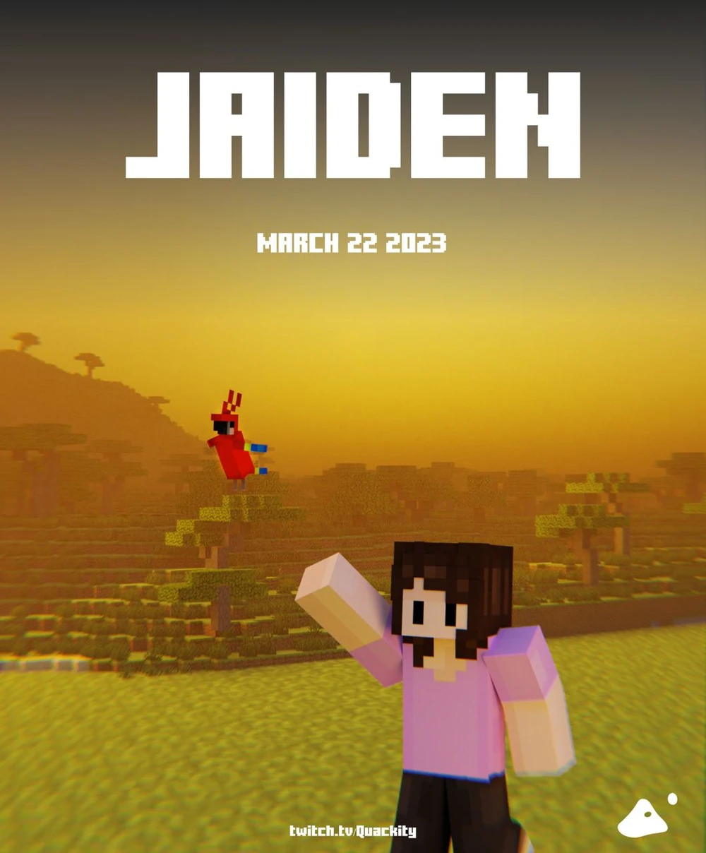 Official announcement poster for Jaiden. She stands in a clearing as the sun sets behind her. She is waving goodbye or perhaps reaching out to a red parrot as it flies away.