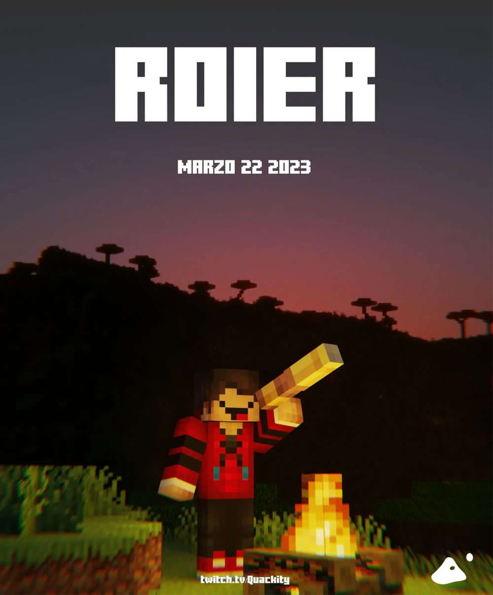 Official announcement poster for Roier. The sun has pretty much fully set, only having a bit of pink in the sky to light up the savannah's trees in the background. Roier stands in a clearing next to a campfire. He's using a telescope to look up at something off screen.