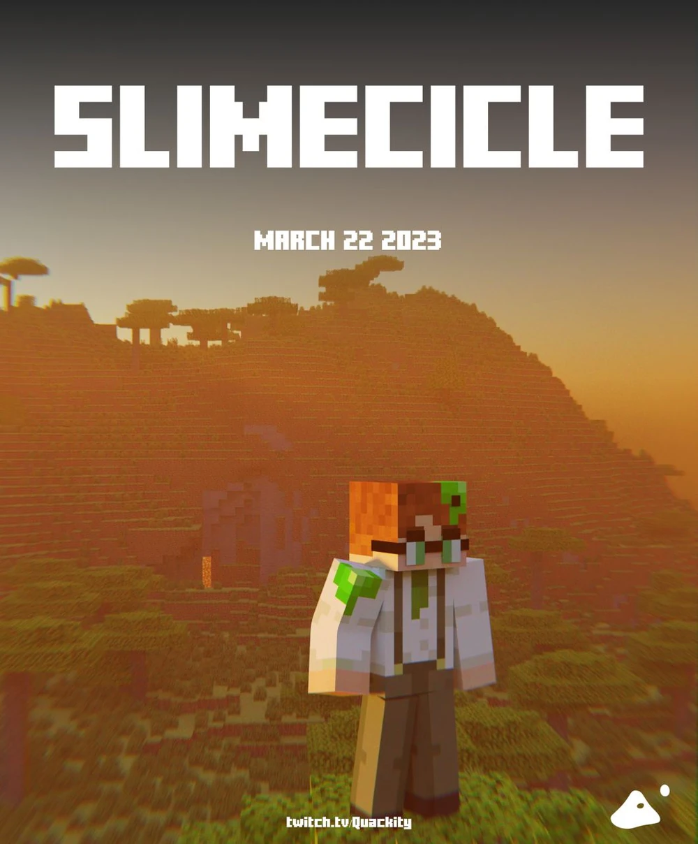 Official announcement poster for Slime. He stands by himself on top of a tree in an oak forest. The sun sets in the background, lighting him up in a golden hue. Surprisingly, he is not wearing his default skin, but a skin from his Dream SMP lore, a white dress shirt with a green tie, and brown dress pants with suspenders.