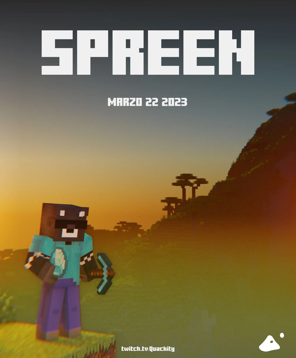 Official announcement poster for Spreen. He stands on the very edge of a cliff looking out at something while holding a diamond pickaxe and a single diamond. Behind him, the sun has set just enough where we can't properly make out his surroundings.