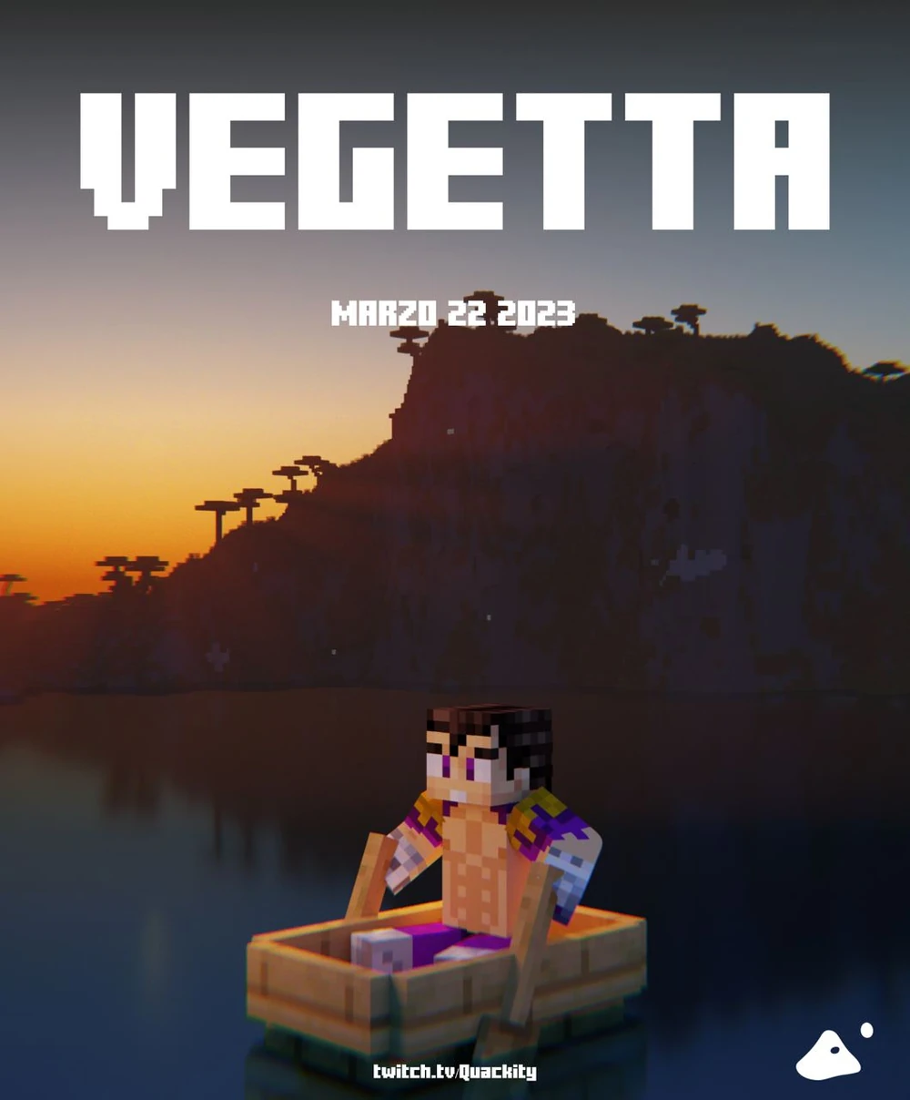 Official announcement poster for Vegetta. He sits in an oak boat in the middle of a lake as the sun disappears behind the horizon.