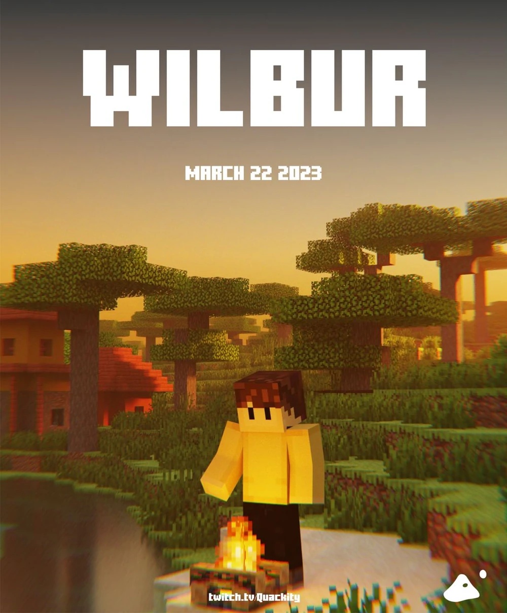 Official announcement poster for Wilbur. He stands at the edge of a lake or river, warming his hand by a campfire. In the background, there are some buildings made from jungle wood.