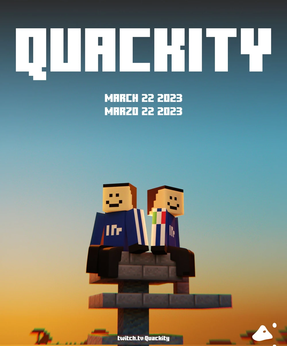 Official announcement poster for Quackity. His minecraft character sits on a stone brick high in the air with another Quackity skin right next to it, but this one has the Mexican flag on his arm, to stand for ElQuackity.