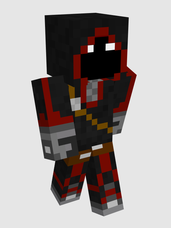 Bad's default minecraft skin. He wears a black robe with the hood pulled over his head. There are red accents around the edge of the hood and on the sleeves and pants. He wears a grey checkered shirt under the cloak as well as grey gloves. He wears a brown belt from one shoulder to the other hip. We cannot see his face except for two white glowing eyes.