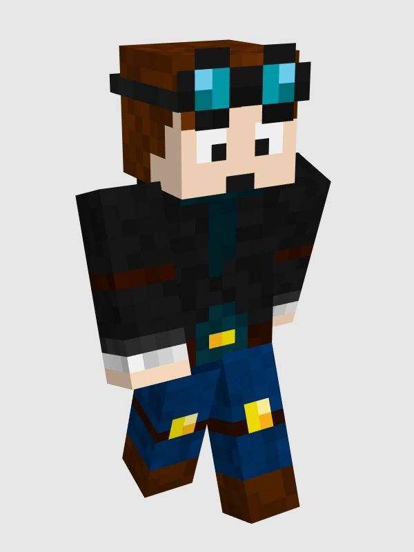 DanTDM's minecraft skin. He has light skin, brown hair, wide black eyes, and wears goggles on his forehead. He wears a black jacket with a blue shirt underneath. He also wears blue jeans and brown boots. On his knees are kneepads or guards made from gold that match his belt buckle.