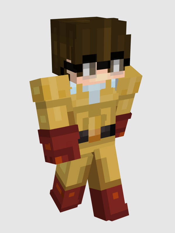 Mariana's default minecraft skin. He has light skin, shaggy brown hair, brown eyes, and black wire-rimmed glasses. He wears the yellow and white superhero suit that the main character from One Punch Man wears. He also wears the red gloves and boots. There is a black belt around his waist.