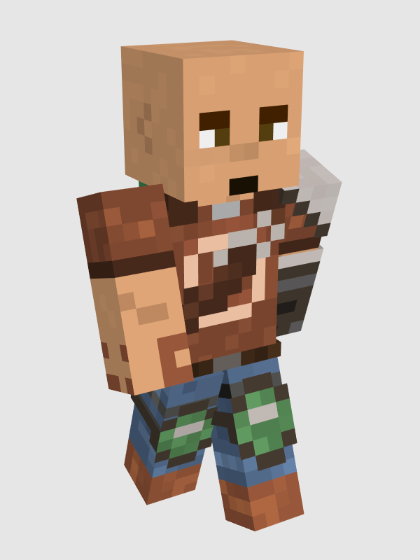 Fit's default minecraft skin. He has light skin, brown eyes, and is completely bald. He wears a short-sleeved brown t-shirt with a cream-colored circle on the chest. He wears partial armor, covering his left shoulder. A leather strap runs from the plate down to his opposite hip. He has a robotic prosthetic left arm and scars on his right hand. He also wears blue jeans with green shin guards and brown boots.