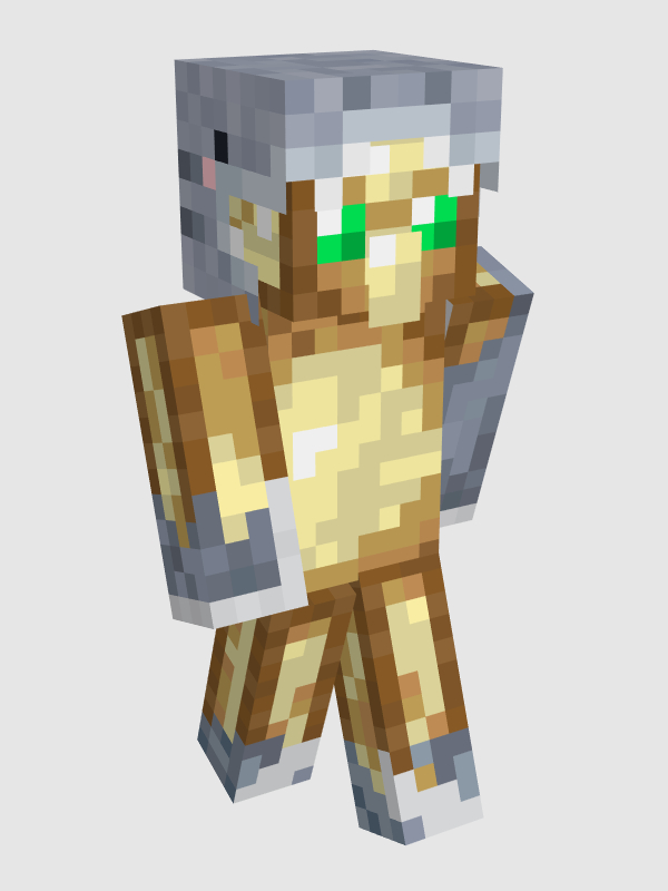 Foolish's default minecraft skin. He is a mix between a shark and a totem of undying. His body is mainly golden, and he has emerald eyes. His feet, hands, left arm up to the shoulder, and top/back of his head are grey like a shark. The bit on his head is a shark head with eyes and teeth, looking like Foolish is looking out from a mouth.