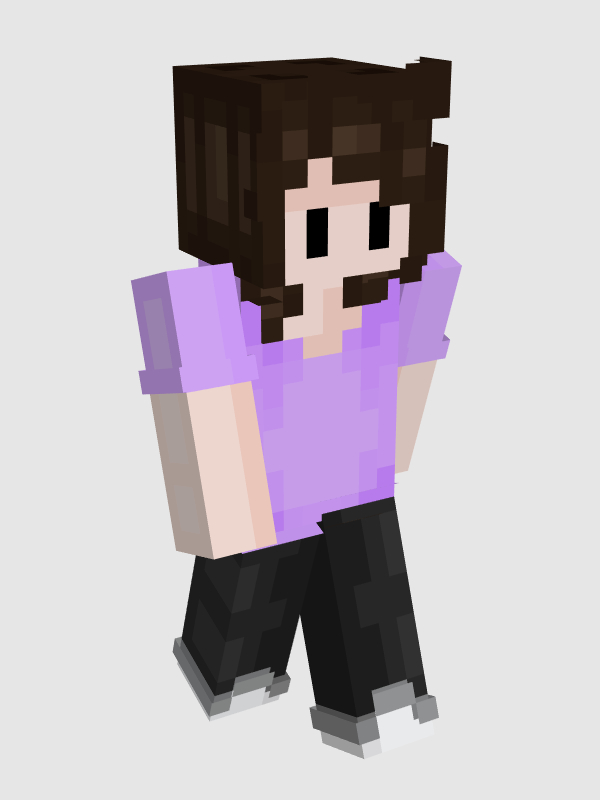 Jaiden's default minecraft skin. She has light skin, long dark brown hair, and black eyes. She wears a lavender purple t-shirt, black pants, and grey and white sneakers.