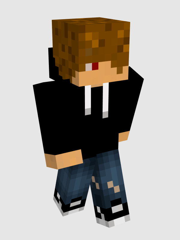 Luzu's minecraft skin. He has tan skin and light brown hair, worn in a very 2010's emo way so that one of his eyes is completely covered. His other eye that shows is red. He wears a black hoodie with white strings and ripped blue jeans with black and white sneakers.