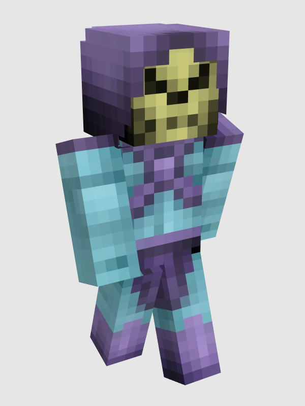 Missa's minecraft skin. It's based off Skeletor from the Heman cartoon series. He has no skin, just a skull for a head, with a purple hood and cape tied around his shoulders. He wears a skin-tight light blue superhero suit. A purple harness, covering, and boots complete the look.