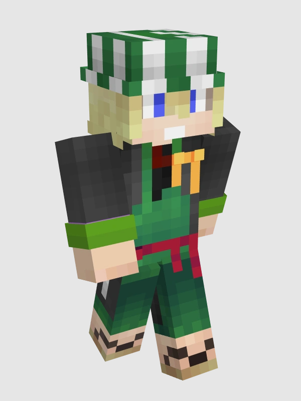 Philza's default minecraft skin. His skin is based on Urahara from Bleach who wears a traditional Japanese outfit. He has light skin with bright blue eyes and shaggy blond hair. He wears a dark green and white striped bucket hat. He also wears a black robe known as a haoir over a dark green wrap called a jinbei. Underneath that, he wears a red and black shirt to cover his chest. Around his waist, he tied a red ribbon, and he wears a yellow bow over his heart. He also wears wooden sandals. 