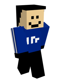 Quackity's minecraft skin. He has light skin, black hair, and a crooked smile. He wears a blue track suit jacket with white stripes, black pants, and black shoes.
