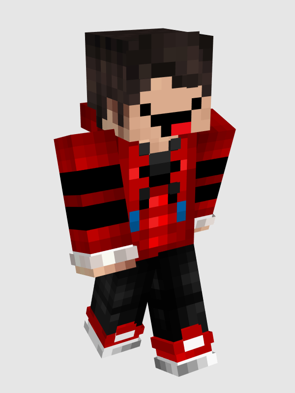 Roier's default minecraft skin. He has light skin with dark brown hair and black eyes. His mouth is open like he's laughing or telling a joke. He wears a red hoodie with black stripes and blue accents reminiscent of the Spiderman logo. He also wears black pants and red high tops.
