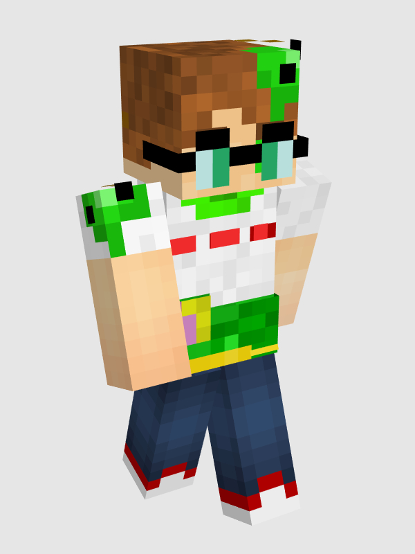 Slime's default skin. He has light skin, light brown hair, and green eyes. He also wears black wire-rimmed glasses. He wears a short-sleeved white t-shirt with three red hearts across his chest like a logo as well as blue jeans and red sneakers. On his body, he has various places that are dripping with lime green goop, like his head, his shoulder, and a green and yellow swimming floatie around his waist.