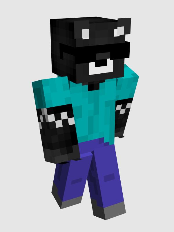 Spreen's minecraft skin. He has pitch black fur for skin, black bear ears, and a white snout. He also wears black sunglasses. He wears the default Minecraft Steve blue shirt and pants with black and white marks on his sleeves. He has grey bear paws.