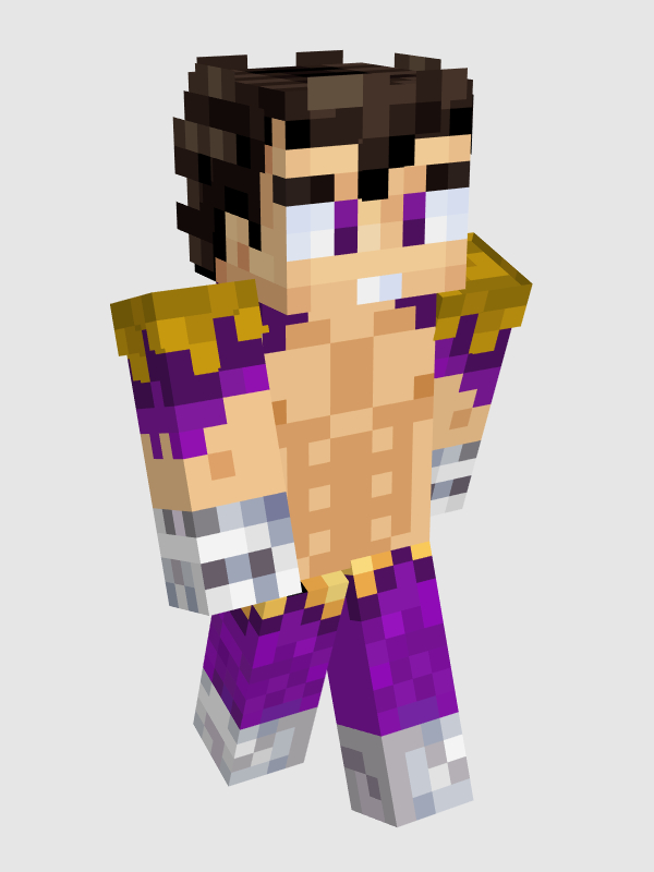 Vegetta's default minecraft skin. He has light skin with dark brown hair and purple anime eyes. His skin is based off Vegetta from Dragon Ball. He is mostly shirtless, showing off a very muscular body. He wears purple shoulder pads with golden tuffs as well as purple pants. He wears matching white gloves and boots.