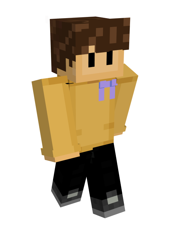 Wilbur's minecraft skin. He has light skin, brown hair, and no mouth. He wears a yellow sweater with a lilac ribbon over his heart. He also wears black pants and grey shoes.